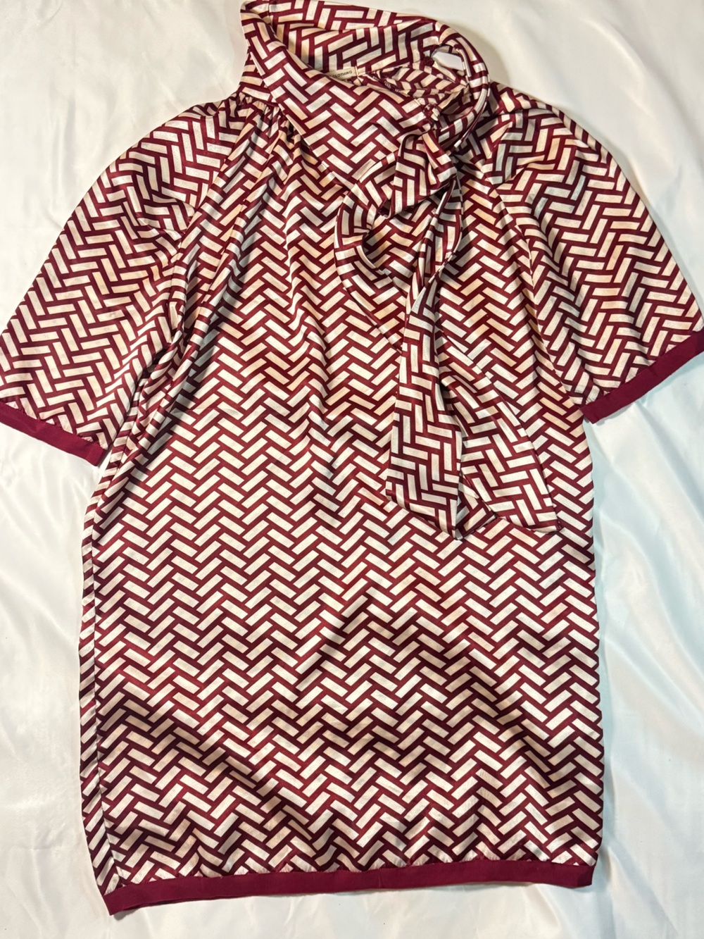 Geometric Burgundy and Cream Short-Sleeve Dress